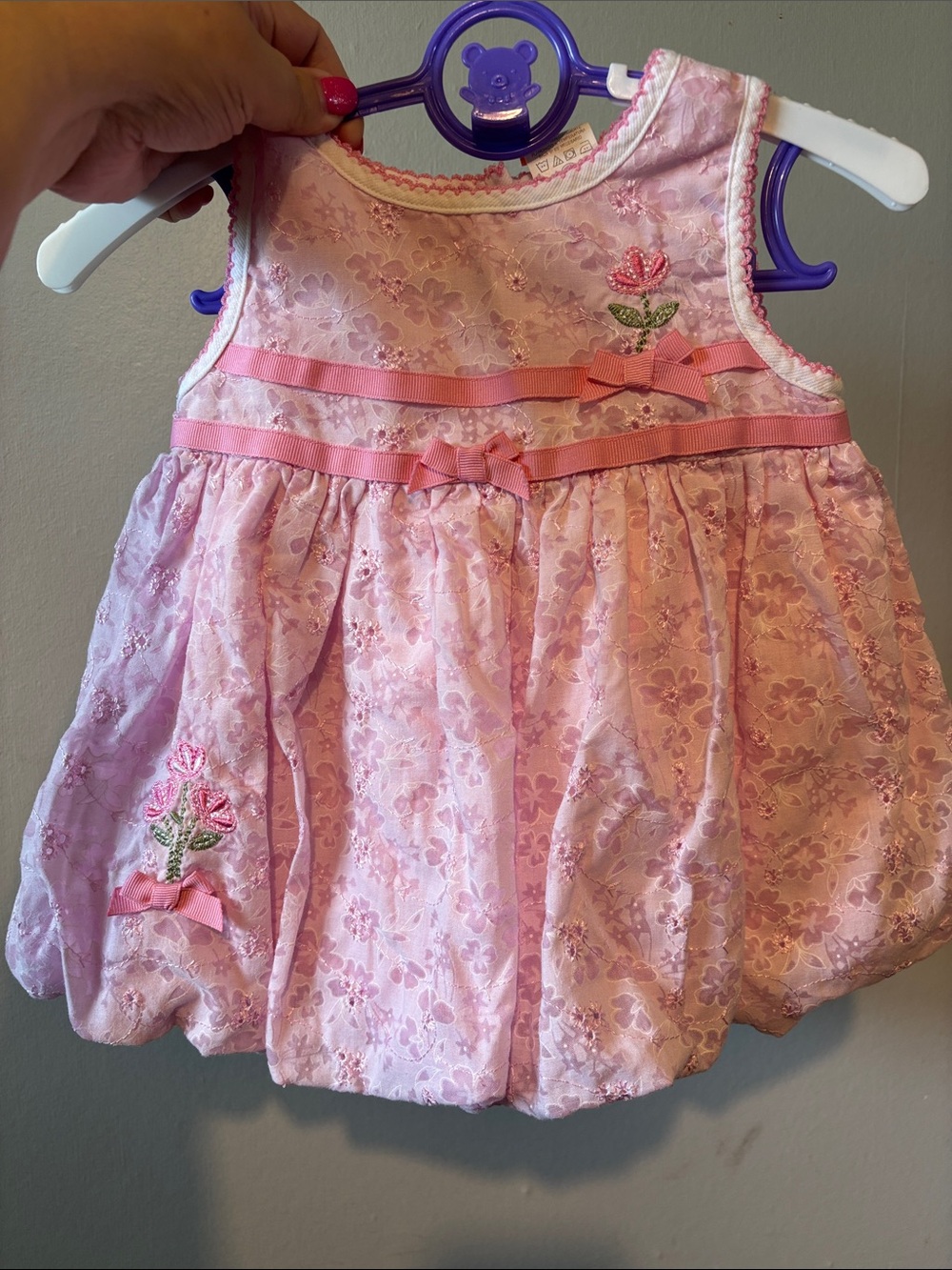 VTG Baby Togs Pink Eyelet Overlay Balloon Hem Dress 12 Months. Bloomers included